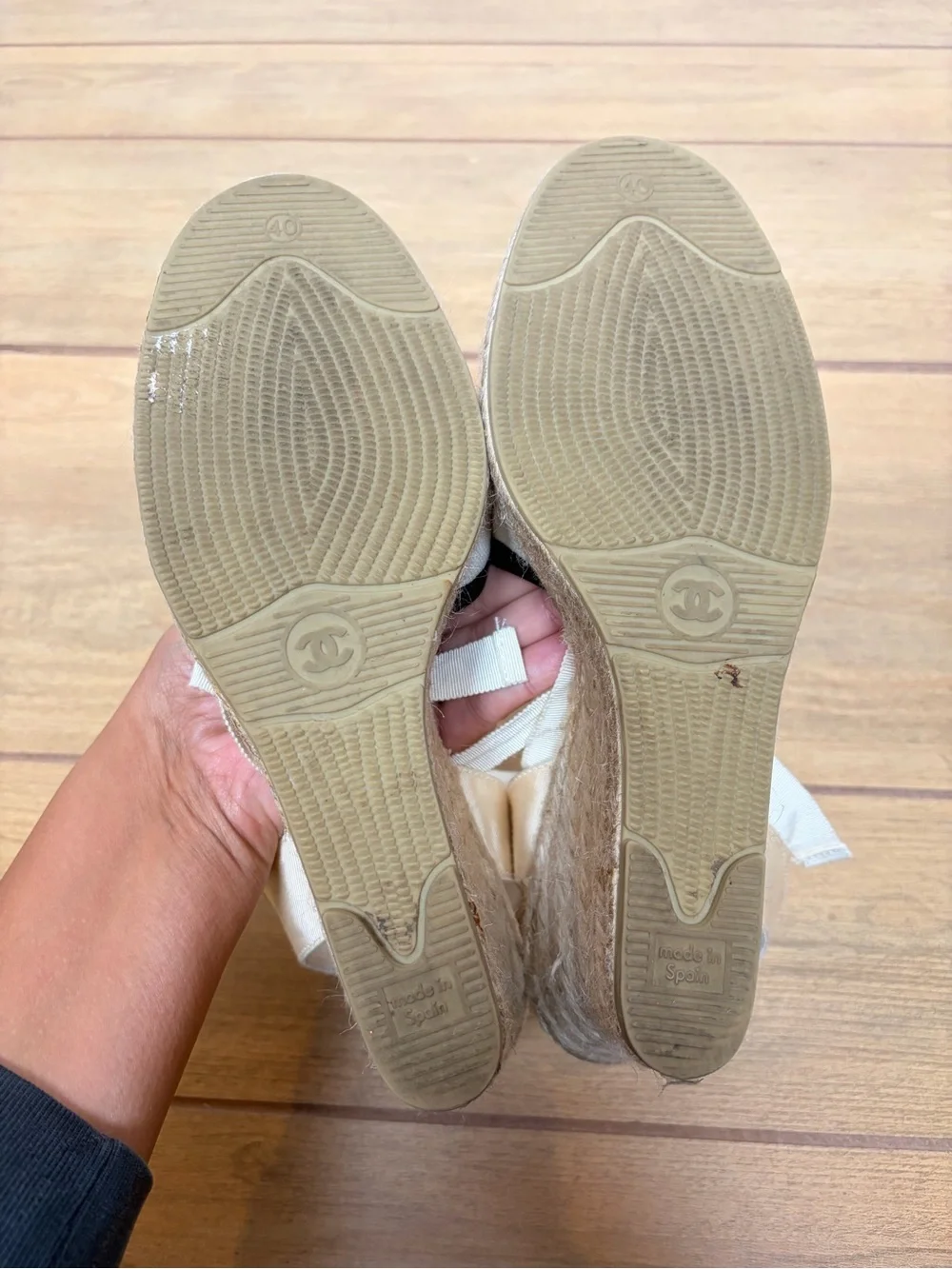 Chanel Cream and Black Camellia Flower Espadrille Wedges Ballerina Ribbon Ties